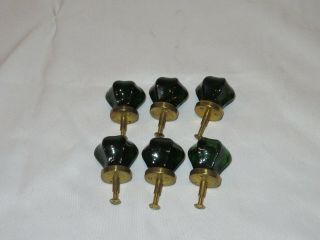 6 Antique Knobs Green Glass 6 Point Knob Brass Pull Handle Set (r152)