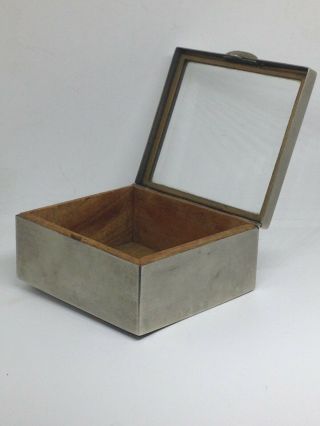 Vintage Pewter Box With Bevelled Edge Glass Lid - Wood Lined