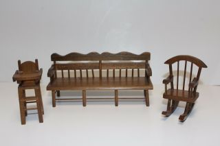 Vintage Doll House Miniature Wood Furniture – Bench,  Highchair,  Rocking Chair