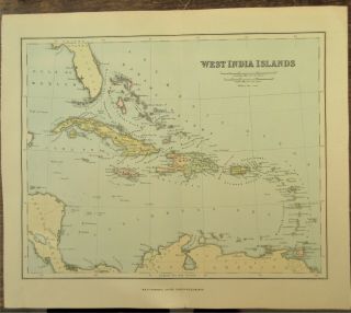 Antique Map Of The Caribbean Islands C1880