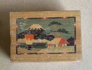 Vintage Hand Made Wooden Puzzle Box Trinket Made In Japan Mt.  Fuji Hand Painted