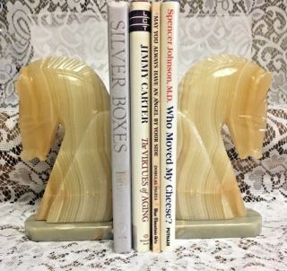 Vintage Mid Century Carved Marble Stone Horse Head Bookends Book Ends