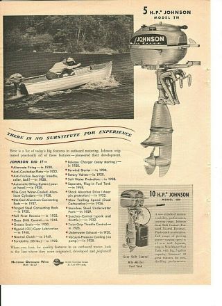 Vintage 1950 Johnson 5hp And 10hp Sea - Horse Fishing Motors Centerfold Ad 11 " X17 "
