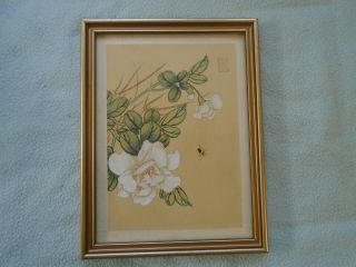 Signed Chinese Painting Of White Rose & Insect Red Artist Seal