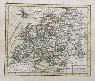 1750 Antique Map; Miniature Map Of Europe - Scarce - Robert De Vaugondy