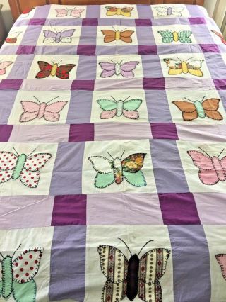 Omg Cute Vintage Handmade AppliquÉ Butterfly Quilt Top 73 " X 87 "
