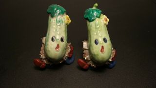 Vintage Anthropomorphic Cucumber Salt And Pepper Shakers - Made In Japan