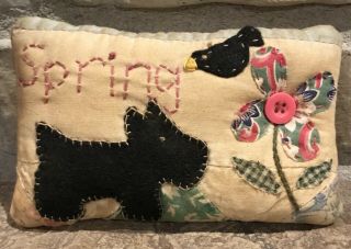 Primitive Spring Scottie Dog Shelf Pillow - Made From Vintage Quilt