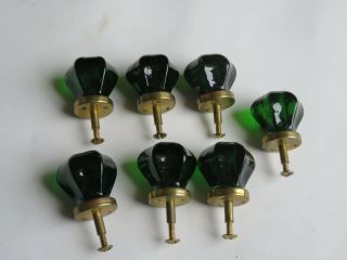 7 Antique Knobs Green Glass 6 Point Knob Brass Pull Handle Set (r152)