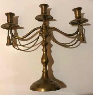 Vintage Brass Candelabra Candlestick With Ropes And Tassels For 3 Tapers
