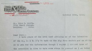 1919 Idaho Springs Colorado Big Five Mine Letterhead - Denver Boulder & Western Ry