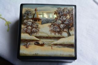 Vintage Fedoskino Russian Mother Of Pearl Inlay Hand Painted Winter Trinket Box