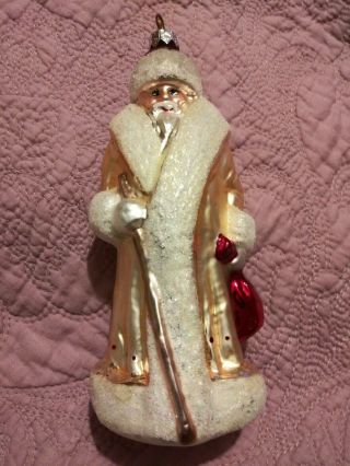 91 - 112 - 2 Christopher Radko Santa In Winter White Blown Glass Christmas Ornament