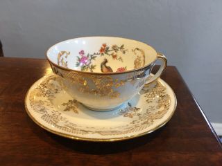 Antique France Porcelain Tea Cup & Saucer Gold Gilt Bird & Flowers