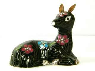Vintage Chinese Black Cloisonne Copper Enamel Floral Deer Fawn Statue Figurine