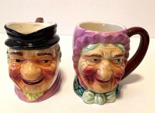 Vintage Pair Glazed Ceramic Toby Mugs Man & Woman Hand Painted - Made In Japan