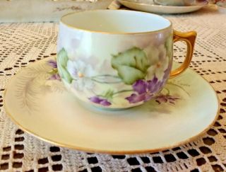 Antique Hand Painted Cup & Saucer/germany/gold Trimmed/signed H.  Carven/flowers
