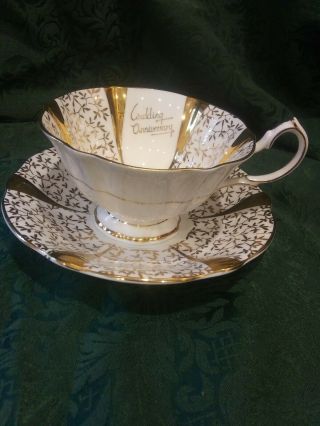 Queen Anne Gold Lace Tea Cup And Saucer Wedding Anniversary Bone China England