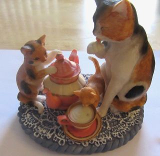 Lenox Kitties Tea Time Figurine - 3 Cats - Tea Pot & Tea Cup - Orange Pink Blue
