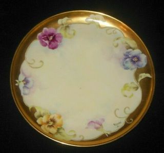 Antique Hand Painted Heavy Gold Border Plate Yellow Pink Lavender Pansy Flowers
