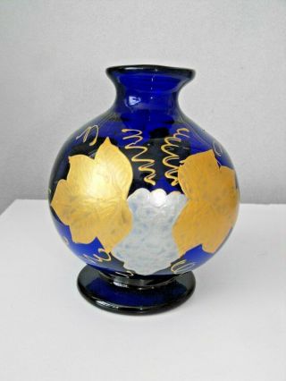 Antique Bohemian Victorian Bristol Blue Glass Vase Gold Silver Leaf Pattern