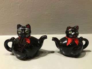 Vintage Redware 1950s Black Cat Ceramic Teapot Salt And Pepper Shakers