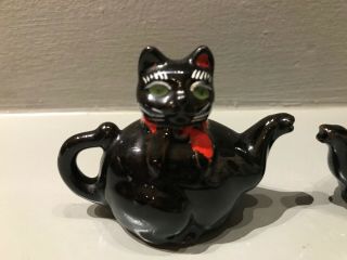 Vintage Redware 1950s Black Cat Ceramic Teapot Salt and Pepper Shakers 2