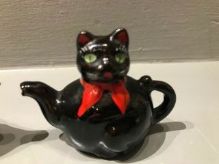 Vintage Redware 1950s Black Cat Ceramic Teapot Salt and Pepper Shakers 3