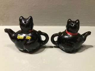 Vintage Redware 1950s Black Cat Ceramic Teapot Salt and Pepper Shakers 5