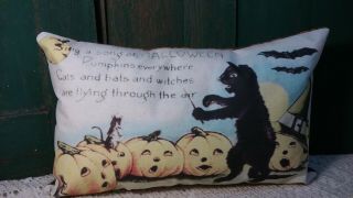 Primitive Vintage Halloween Post Card Pillow Cat Pumpkin Mice Bats Singing Cute
