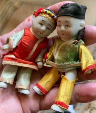 Pair Antique Miniature Bisque - Head Dolls.  Chinese Boy And Girl