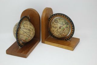Vntg Old World Map Spinning Globes Bookends Wood Base Set Of 2 Armbee