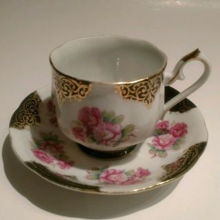 Vintage Tea Cup And Saucer China Pink Roses Gold Scroll Work On Black