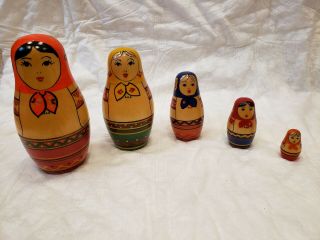 Set Of Five Hand - Painted Wooden Nesting Dolls From Russia - Vintage 1980s