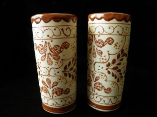 Set Of 2 Mjl Ceramic Miniature Vases In Cream Color & Heavy Brown Enameling