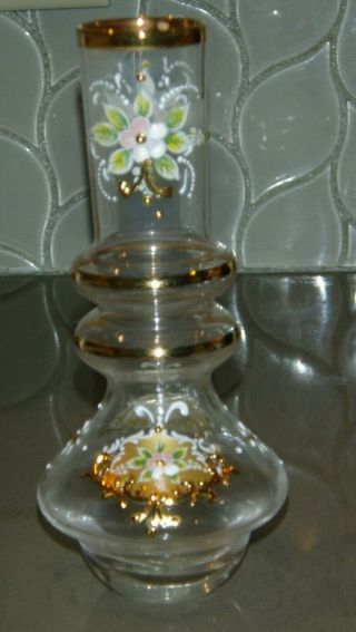 Vintage Clear Glass Bud Vase With Florals And Gold Trim - 6.  75 "