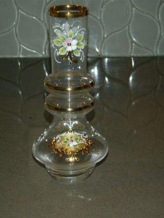 Vintage Clear Glass Bud Vase with Florals and Gold Trim - 6.  75 