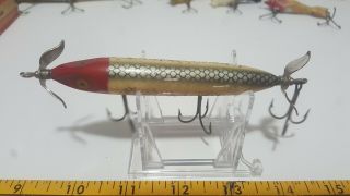 Vintage Heddon Dowagiac Wood Torpedo In Red Head Silver Flitter Surface Hardware 4