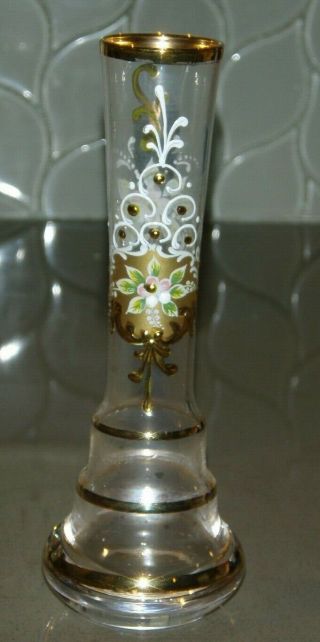 Vintage Clear Glass Bud Vase With Florals And Gold Trim - 6.  5 "
