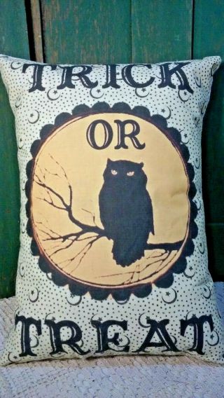 Primitive Vintage Halloween Pillow Owl In Tree Orange Black Trick Or Treat