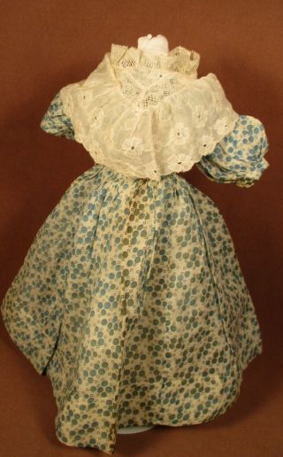 Vintage Doll Dress For 14 " - 15 " Bisque Doll - Blue Cotton Print W/lace Collar
