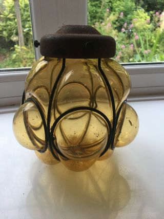Antique Blown Amber Glass In Wrought Iron Cage Lamp Shade