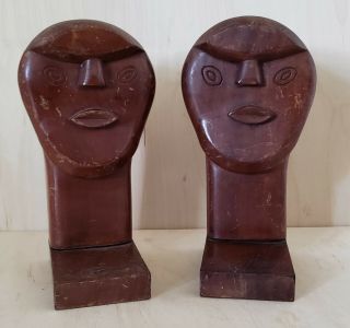 Vintage Hand Carved Wood Bookends Wooden Man Heads Folk Or Outsider Art Carvings