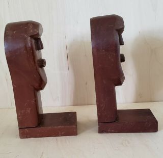 Vintage HAND CARVED WOOD BOOKENDS Wooden MAN HEADS Folk or Outsider Art Carvings 4