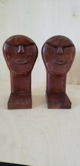 Vintage HAND CARVED WOOD BOOKENDS Wooden MAN HEADS Folk or Outsider Art Carvings 5