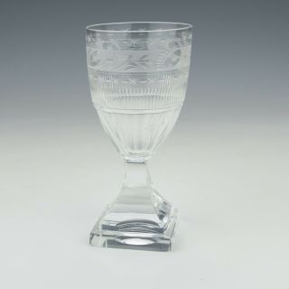 Antique Victorian Cut & Etched Wine Glass - With Square Shape Footed Base