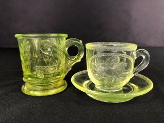 Antique Vaseline Glass Childs Mug And Cup & Saucer Dog & Cat Both Uranium Glass
