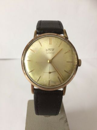 Vintage Gold Plated Uno 17 Jewels Hand - Winding Mens Watch - Flat