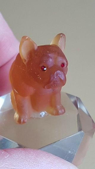 Antique Glass French Bulldog On Stand Art Deco Miniature Frosted Amber