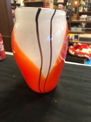 Vintage White Orange Glass Vase Mid Century Modern Rare 3